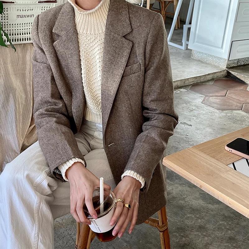 

Pants 2021 Spring and Autumn New Herringbone Suit Wool Blended Straight Double Pocket Jacket Women Blazer, Khaki
