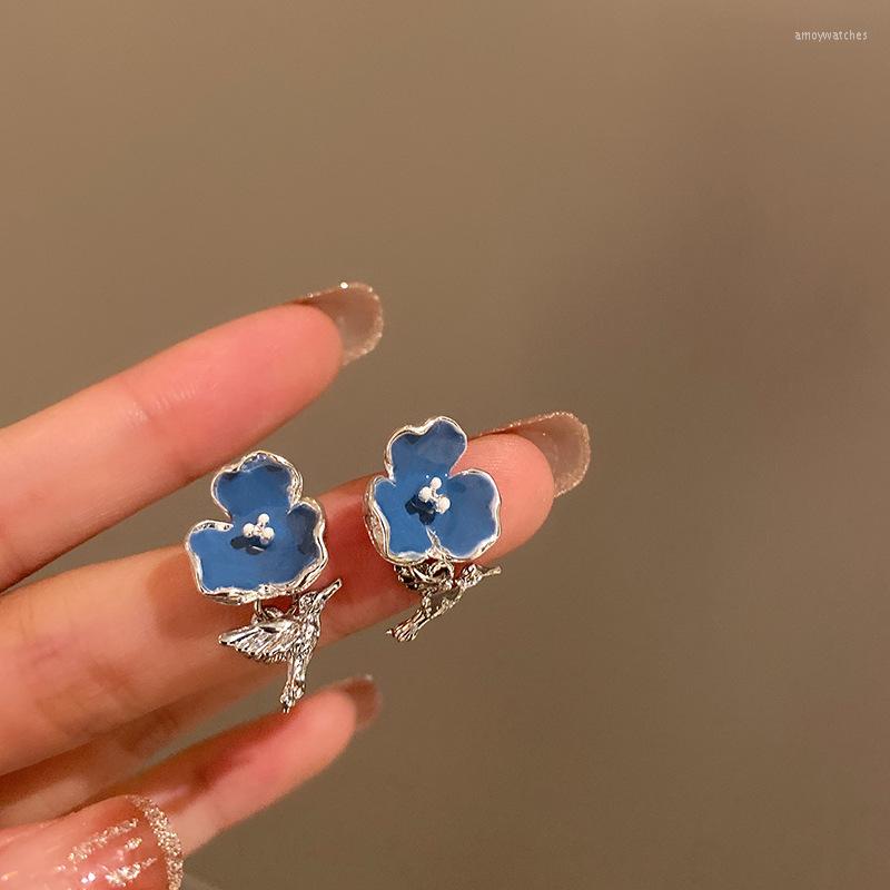 

Dangle Earrings Minar Korean Fashion Blue Color Enamel Flower Bird Earring For Women Silver Metal Floral Long Drop Party Jewelry