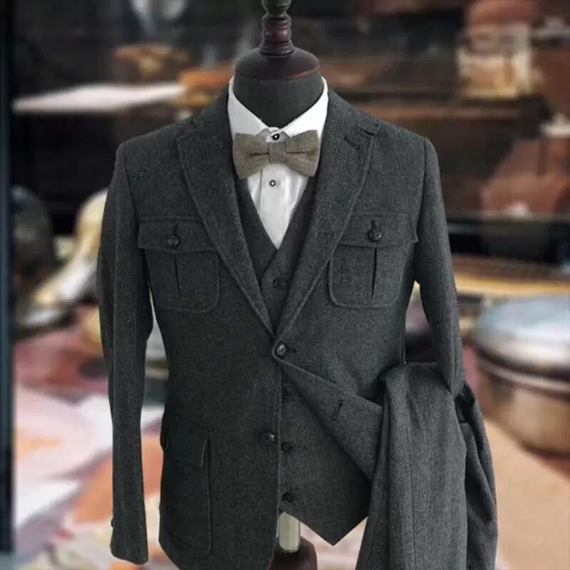 

Men's Suits & Blazers Herringbone Wool Blend Notched Lapel Blazer Dress Jacket Retro Suit Groom Wedding Vest Pants SetMen's, Black