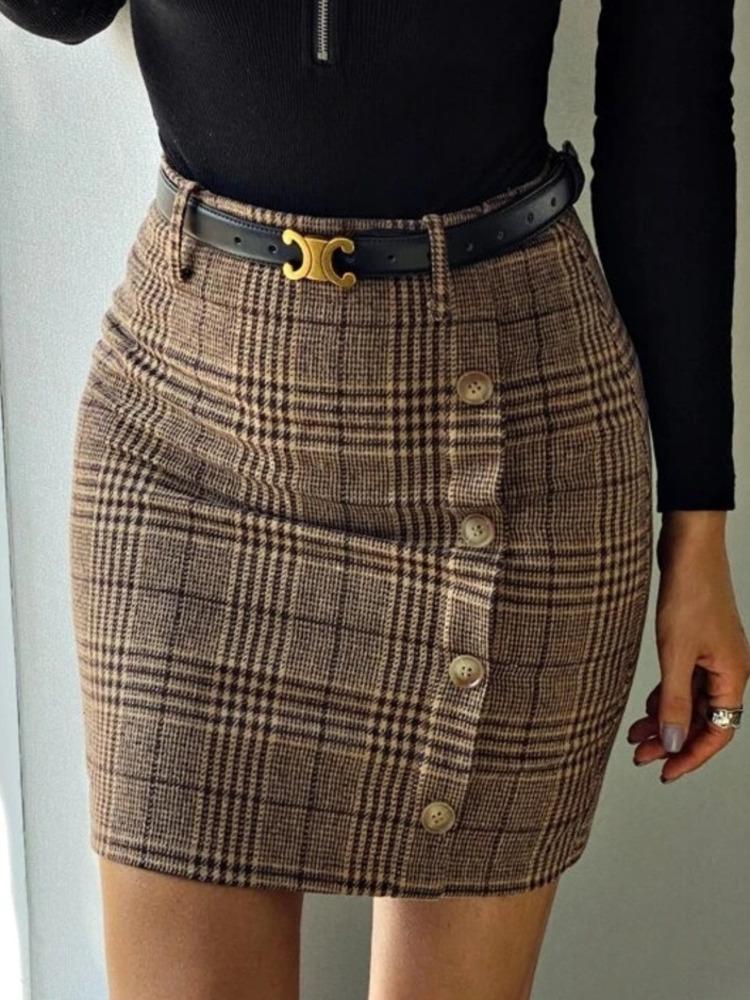 

Dresses SRUBY Plaid Fake Button WoolMix Fabric Skirt Bodycon Sexy High Waist Mini Skirt Woman Summer Skirt Mujer Faldas, Khaki