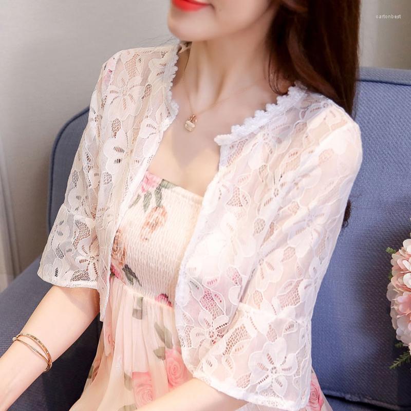 

Women' Blouses Blusas Mujer De Moda 2023 Short Sleeve Blouse Women Summer Tops V-neck Cardigan Hollow White Lace Shirt D17, Black