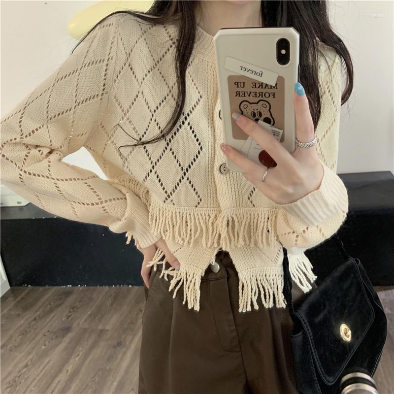 

Women's Jackets Autumn Layered Tassel Long Sleeve Knitted Cardigan Outerwear Women's Single Breasted Round Neck Solid Color Casual, Beige