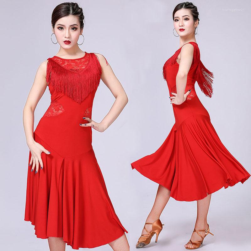 

Stage Wear Red Lace Fashion Latin Dance Costumes For Women Standard Ballroom Dancing Training Dress