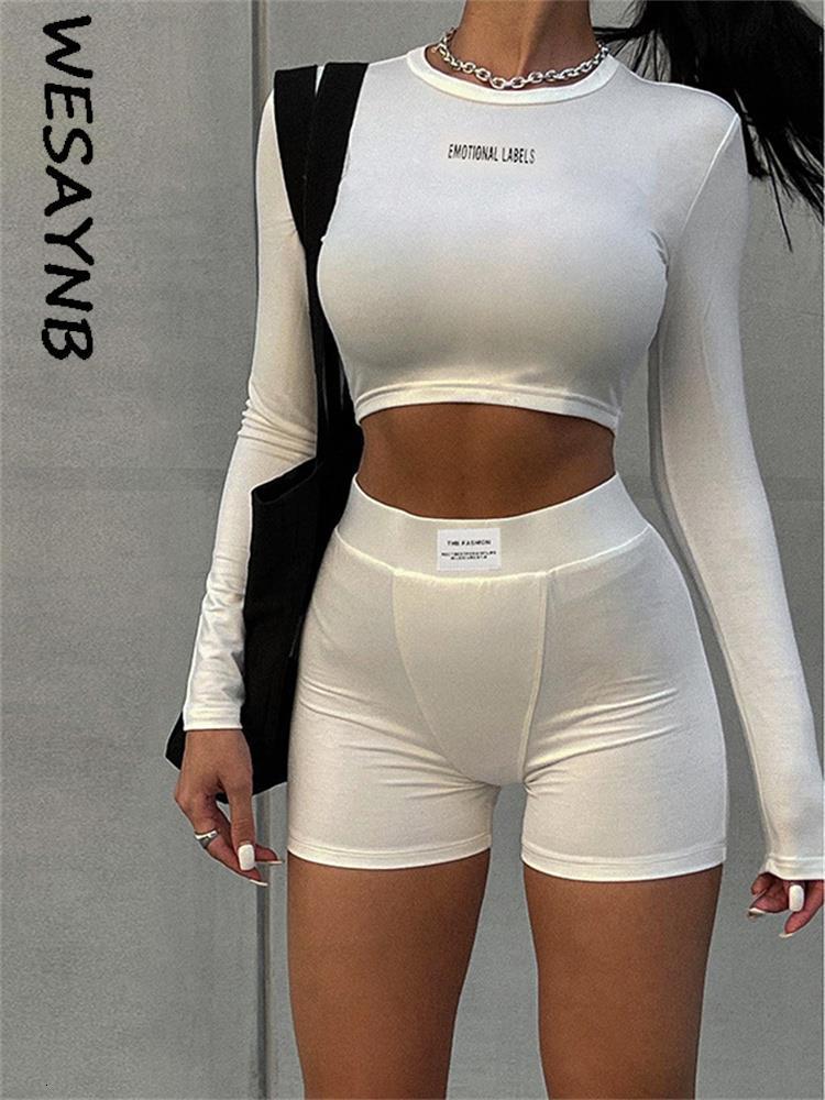

Women's Two Piece Pants WESAYNB Fall Outfits Clothing Shorts 2 Two Pieces Sets Tracksuits Women Outfit Long Sleeve Crop Top White Club Outfits Suit 230419, Black