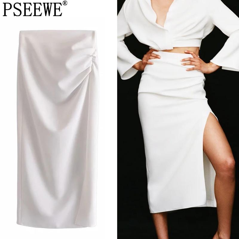 

Dresses PSEEWE 2021 White Pencil Skirt Women High Waist Long Skirts Woman Summer Pleated Split Midi Skirt Ruched Elegant Skirts, White skirt