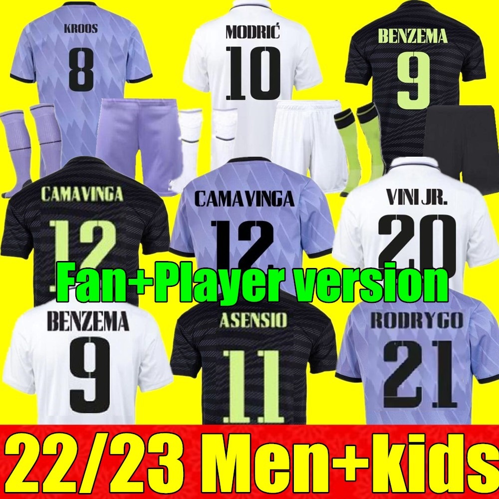 

22 23 BENZEMA soccer Jerseys football shirt home away 3rd 4TH CAMAVINGA ALABA HAZARD ASENSIO REAL MADRIDS MODRIC MARCELO camiseta men kids kit 2022 2023 uniforms, 22/23 player version 3rd+league patch