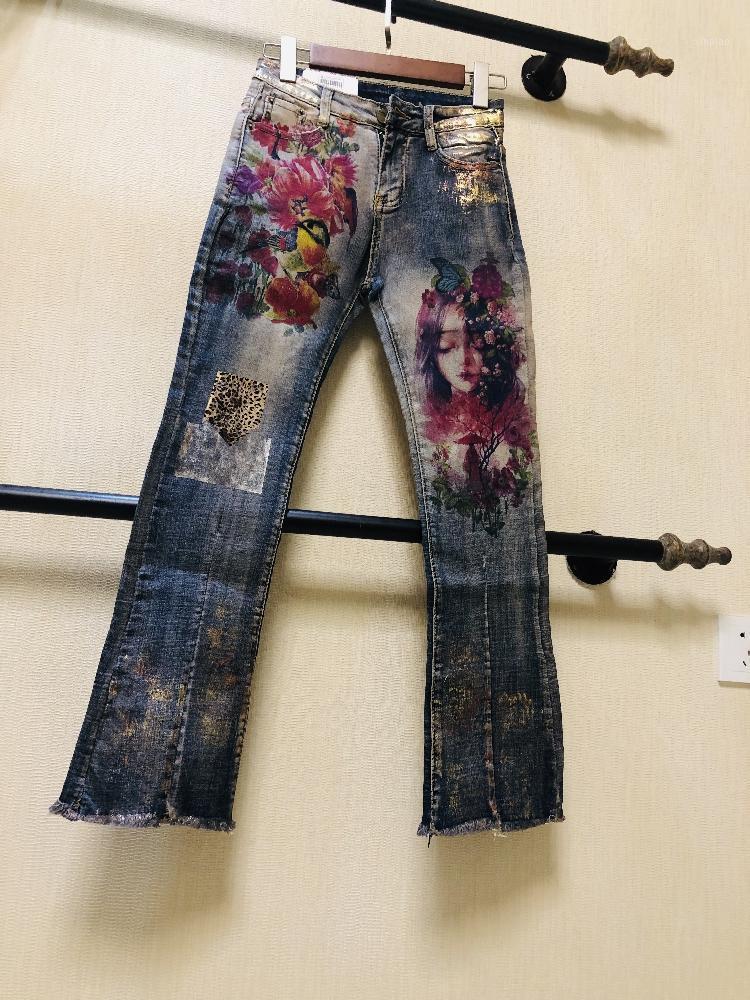 

Women's Jeans Printing Denim Pants Painted Bronzing Woman 2023 Spring Autumn Women Flare Ins Fashion Tassel Femme, As photo 2