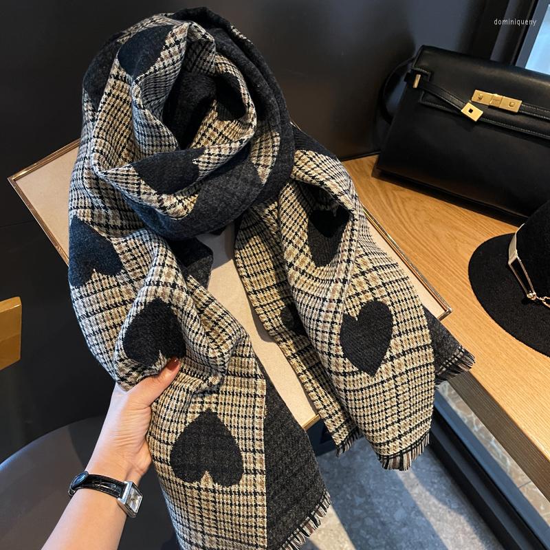

Scarves Autumn Winter Cashmere Scarf Double Side Women's Love Heart Plaid Fashion Ladies Long Thickened Warm Knitted Hijab Stole
