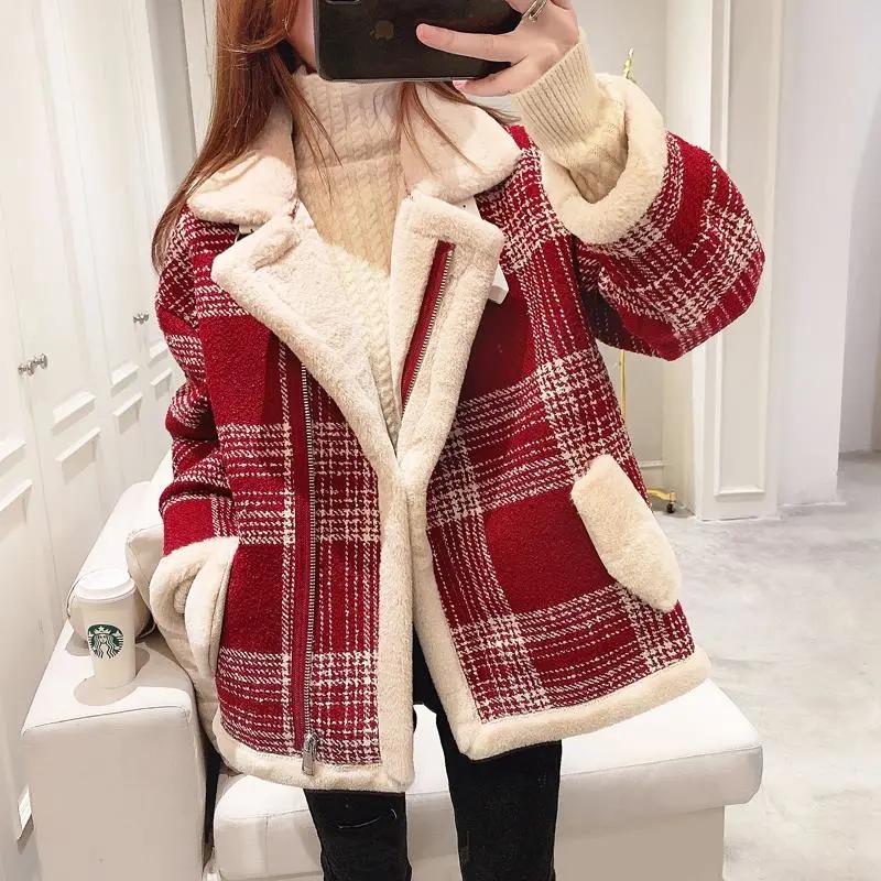 

Fur 2021 Winter Thick Velvet Woolen Coat Women Plaid TurnDown Collar Zipper Short Wool Blends Jacket Korean Fashion Warm Outerwear, Black