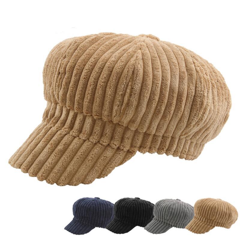 

Berets Wide Thick Striped Corduroy Octagonal Hat Sboy Beret Cap Flat Gatsby Men Women Painter Harajuku Style Autumn Winter