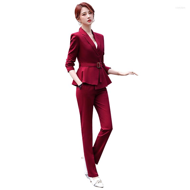 

Women' Two Piece Pants High End Long Sleeve Suits Women Autumn Winter Wine Red Business Formal Slim Blazer With Belt And Office Ladies Work, Black
