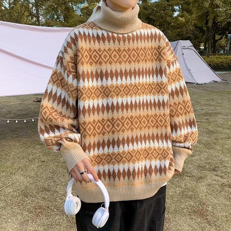 

Men's Sweaters Ro Winter Turtleneck Men Autumn Tops Loose Man Chic Pullover Knitted Thick Stripe Sweater Warm Jumper, Khaki