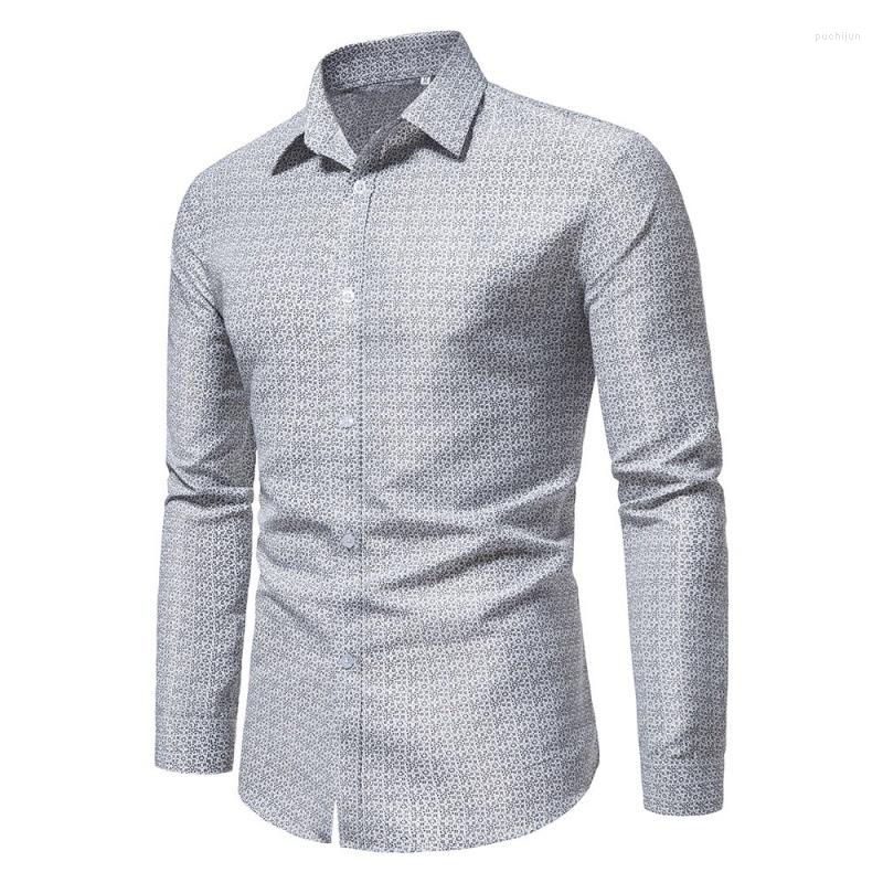 

Men' Casual Shirts #4661 Floral Printed Shirt Men Long Sleeve Korean Fashion Dress Mens Regular Fit Vintage Business Man Euro Size, Gray