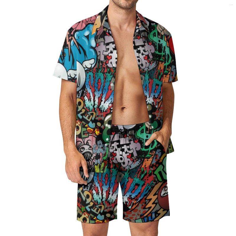 

Men's Tracksuits Funny Word Graffiti Men Sets Letter Print Casual Shorts Summer Hawaii Vacation Shirt Set Short Sleeve Oversize Suit Gift, Style-19
