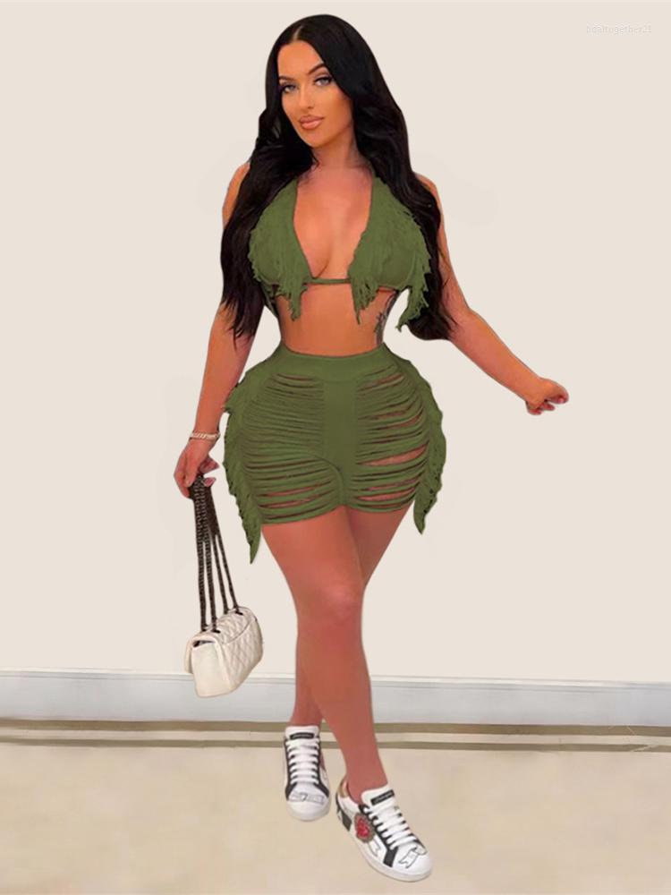 

Women' Tracksuits Tassel Beachwear Women Summer Outfits Clothing Shorts 2 Two Pieces Sets 2023 Sleeveless Halter Crop Top Black