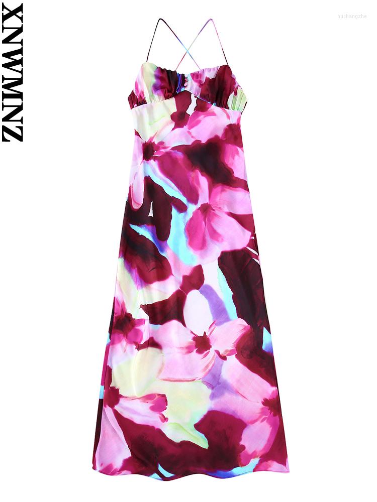 

Casual Dresses XNWMNZ 2023 Women Fashion With Gathered Printed Midi Camisole Dress Vintage Backless Tied Thin Straps Female Chic, Picture color