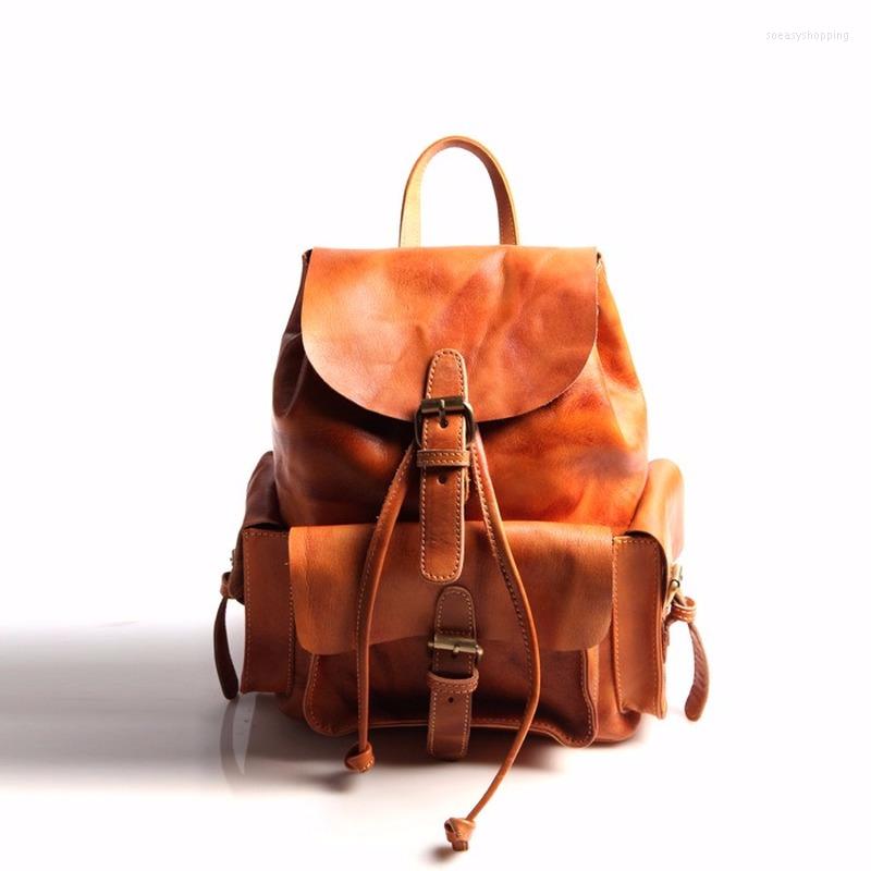

Backpack Genuine Leather Men's School Bag Women Bagpack Male Rucksack, Dark coffee