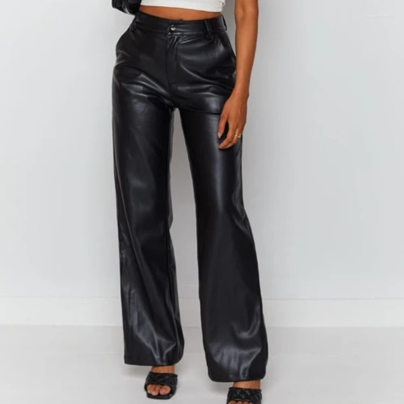 

Women's Pants Stylish Chic Loose Pu Leather Women High Waist Straight Wide Leg Casual Solid Color Trousers With Pockets, Black