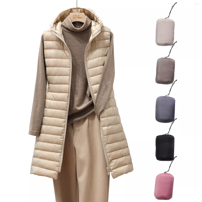 

Women's Vests 2023 Duck Down Vest Women's Lightweight Mid-length Hooded Jacket Casual Basic Parkas C, Khaki