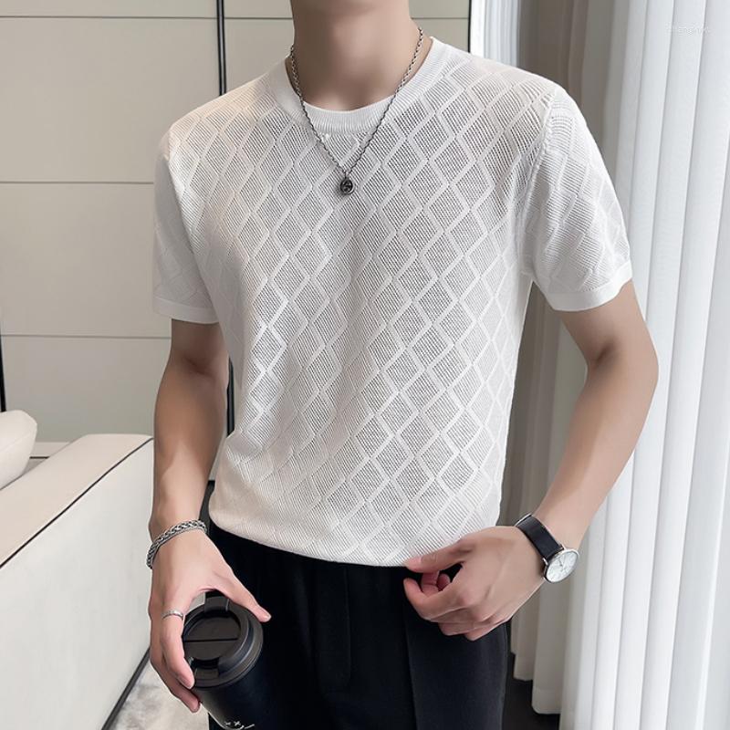 

Men's T Shirts 2023 Summer Knitted T-shirt Men Short Sleeve Hollow Stretch Slim Round Neck Casual Tee Tops Streetwear Clothing, Black