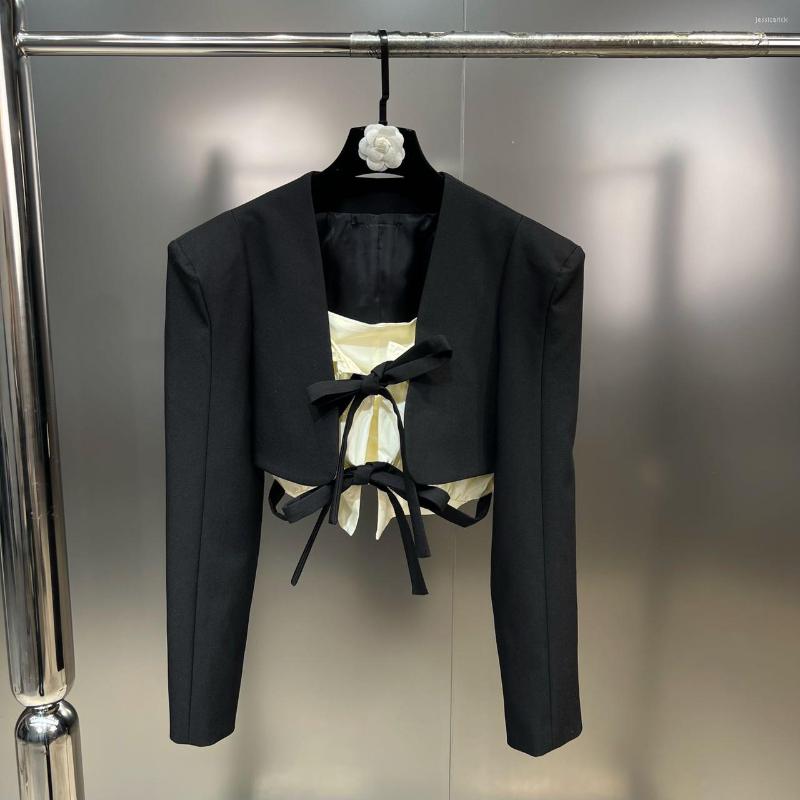 

Women' Suits SuperAen 2023 Spring V-neck Long-sleeved Contrast Lace-up Bow Short Jacket Women Tops Fashion Blazer, Black