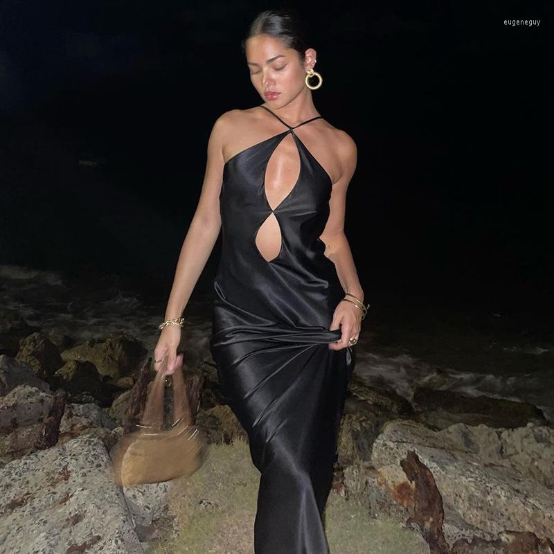 

Casual Dresses European American Style Sexy Hollow Out Patchwork Backless Suspender Dress Women High Waist Temperament Length Skirt 2023, Black