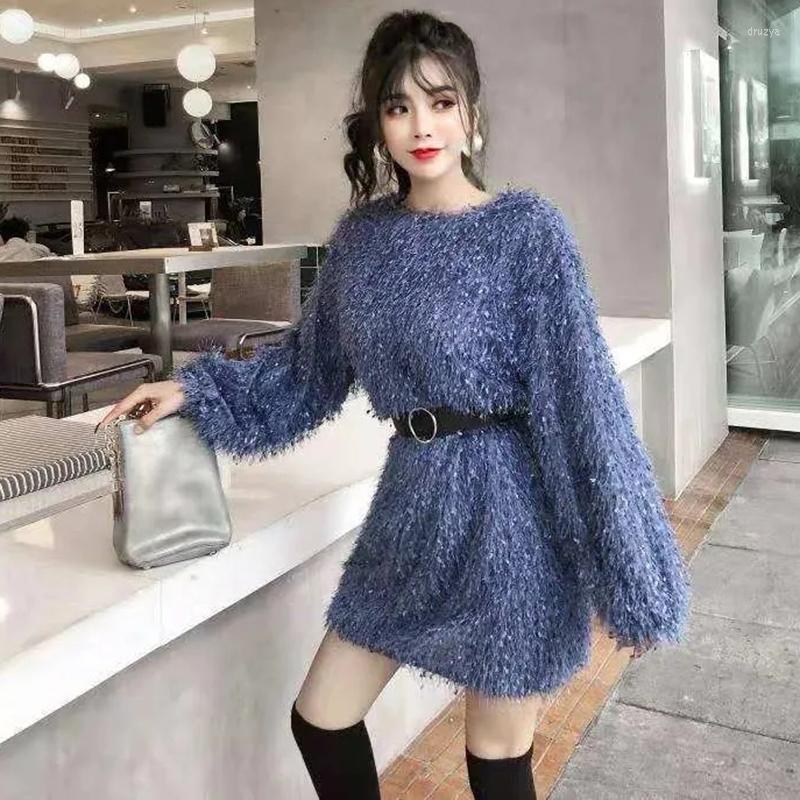 

Casual Dresses Rimocy Autumn Winter Tassel Mini Dress With Belt Women 2023 Round Neck Long Sleeve Loose Woman Korean Solid Vestido Lady, Blue