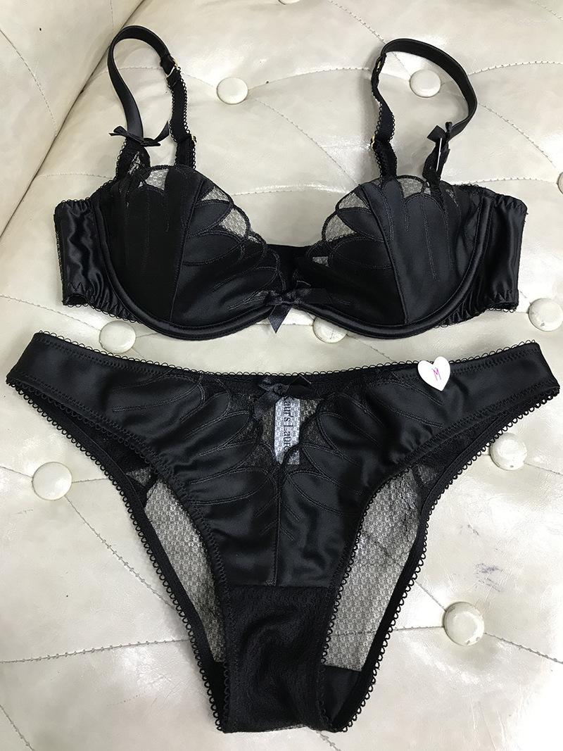 

Bras Sets Sexy Lace Push Up Lingerie With Panties Suit Mesh Thin Cotton Black Ladies Bra Set Deep V Women's Underwear, As picture show