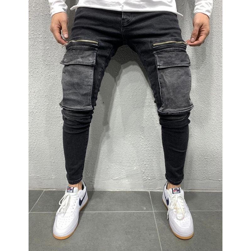 

Men' Jeans Men Spring Solid Slim Pocket Stitching Button Mid Waist Zipper Denim Pencil Pants Trousers Sports Hip-Hop JeansMen, Black