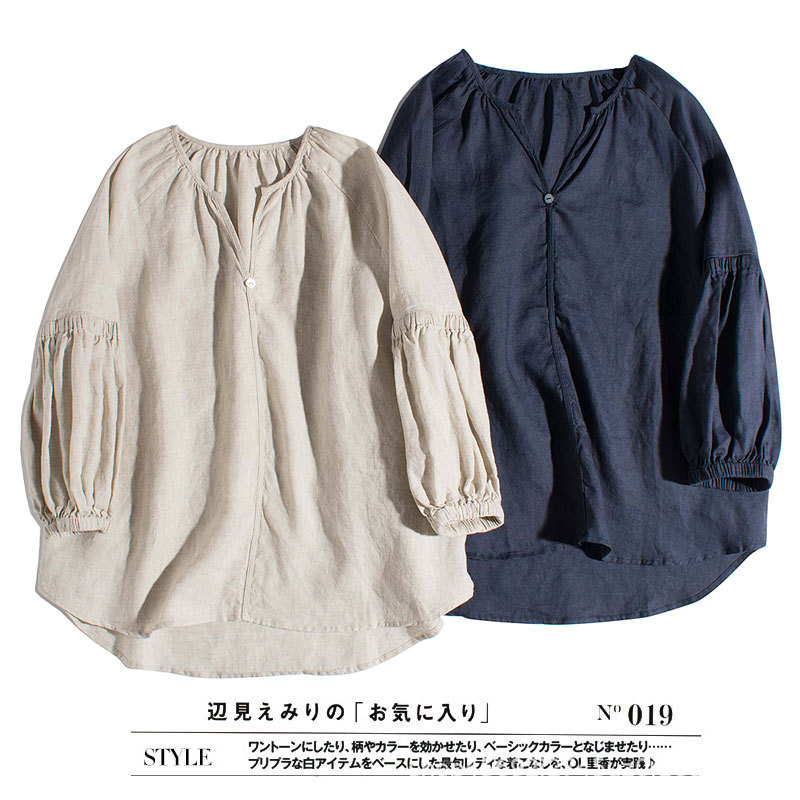 

Women's T Shirt 100 Linen Women V Neck Retro Spring Ladies Casual Loose Lantern Sleeve Tops Literary Cotton And Shirts 230419, Navy blue