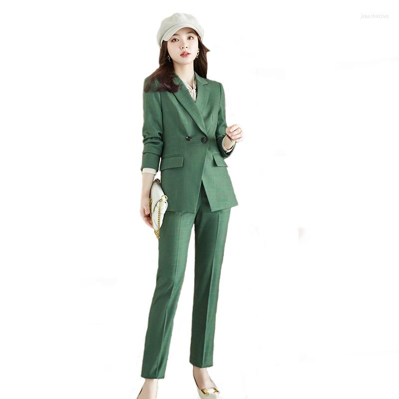 

Women' Two Piece Pants High Quality Fashion Plaid Suits Women Business Long Sleeve Blazer And Trousers Office Ladies Formal Work Wear, Green