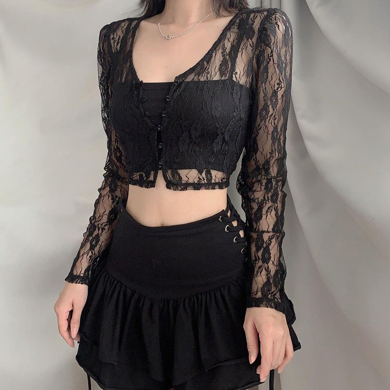 

Women' T-Shirt Black Lace Women Sexy Lace Sheer Crop Tops Long Sleeve V-neck Vintage Button Slim Fit T-shirt Clubwear 230419