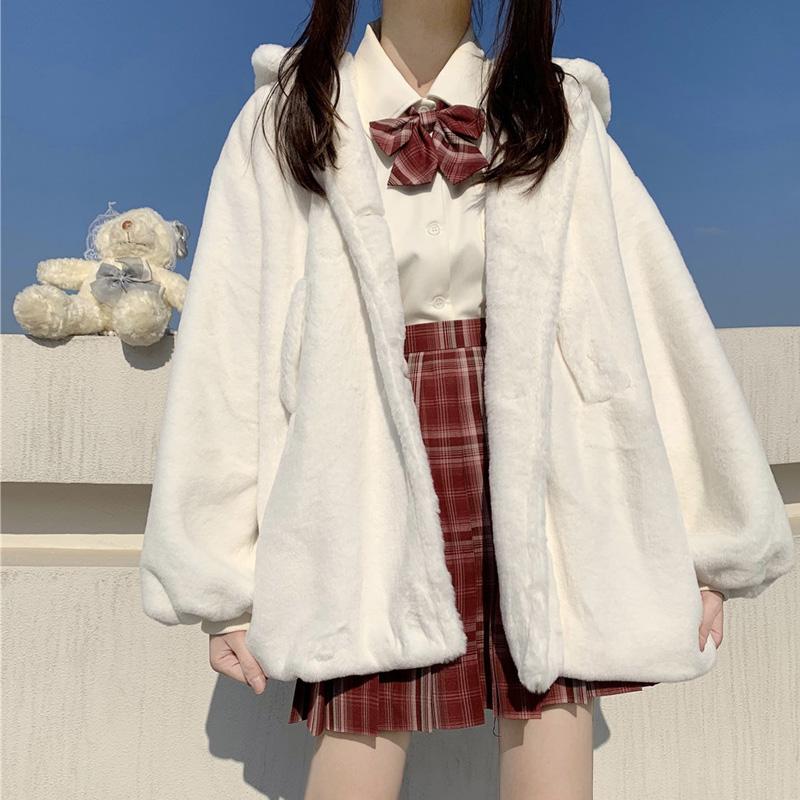 

Women's Fur & Faux Winter Girl Cute Single-Breasted Thicken Soft Plush Coats For Women Vintage Long Sleeve Kawaii Jacket Jk Lolita Hooded Ou, Brown