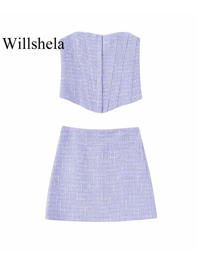 

Dress WILLSHELA WOMEN FASHION 2 PIECE SET TEXTURE PLAID HIDDEN BREASTED TOPS VINTAGE SIDE ZIPPER MINI SKIRT FEMALE CHIC SKIRTS SET, Purple