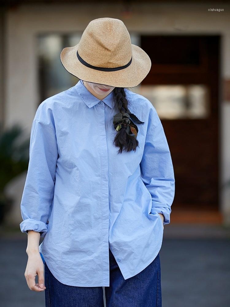 

Women's Blouses 2023 Spring Literary And Artistic Style Blue Long-staple Cotton Lapel Loose Casual Shirt, Spring blue