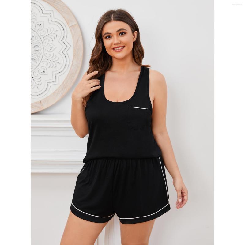 

Women's Sleepwear Plus Size Home Wear Summer Fat MM Solid Color Camisole Shorts Pajama Set For Women, Black