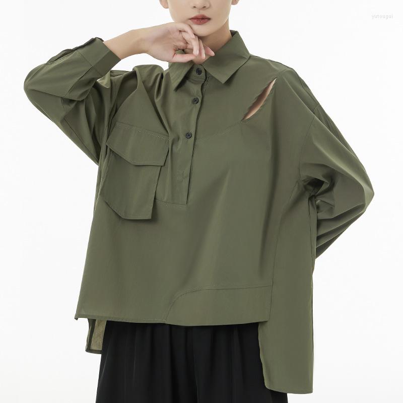 

Women's Blouses Japan Style Trend Irregular Long Sleeve Shirt 2023 Spring Women Streetwear Hip Hop Casual Loose Hole Pocket Tops 90861, Army green