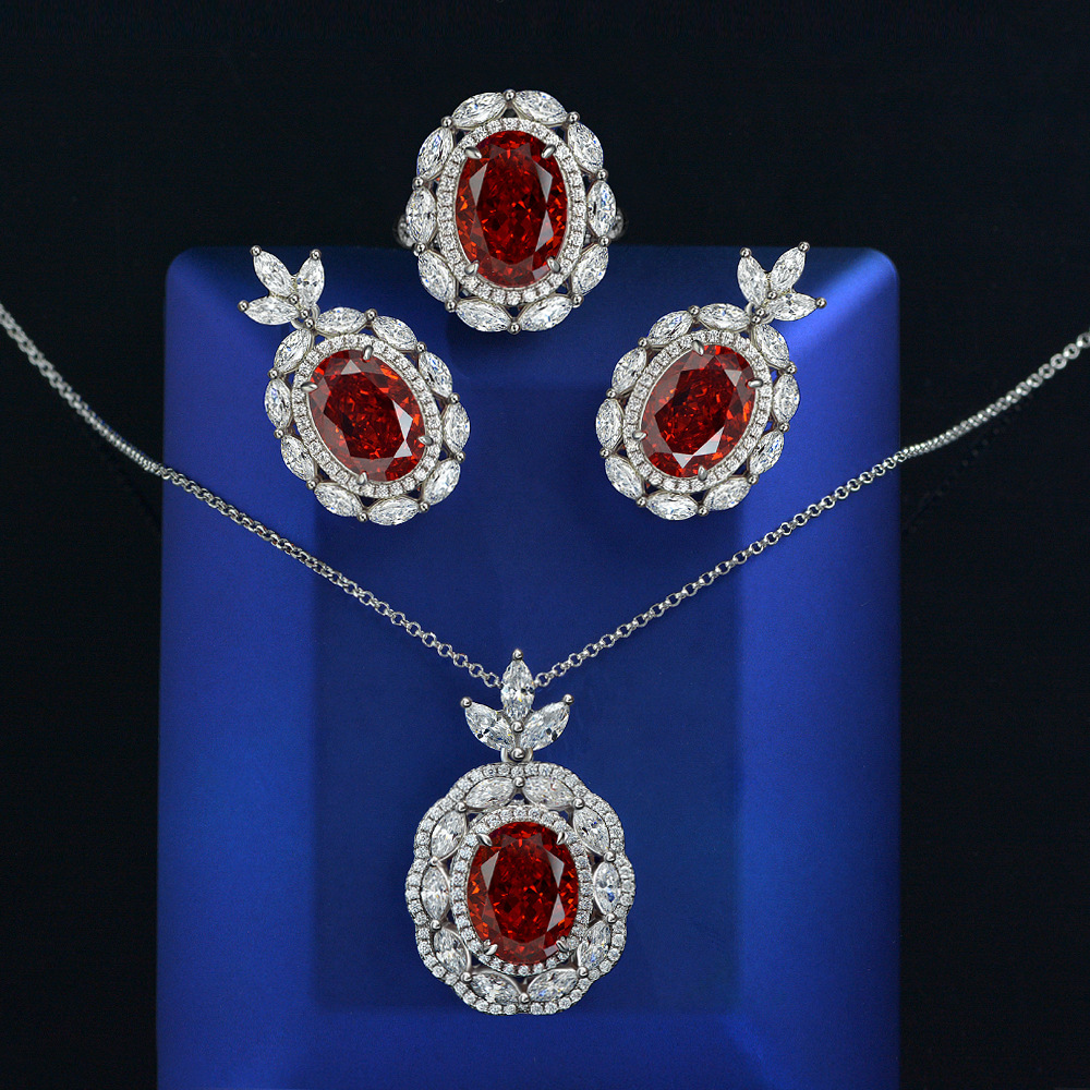

Handmade Garnet Diamond Promise Jewelry set 925 sterling silver Wedding Earrings Rings Necklace for Women Bridal Jewelry
