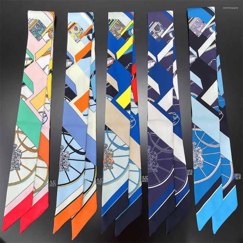 

Scarves Silk Scarf Women Carriage Wheel Print Bag Skinny Wraps Wrist Towel Foulards Neckerchief Headband Muslim Hijabs 5x95CM