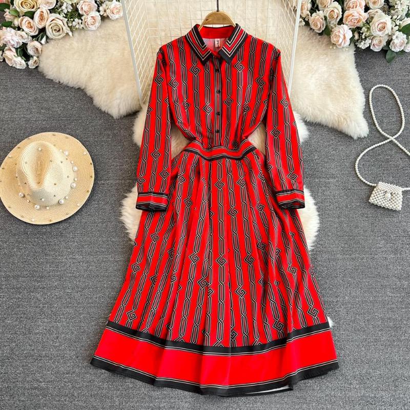 

Casual Dresses Spring And Autumn Fashion Retro Temperament Long-sleeved Shirt Long Skirt Closed Waist Slimming Striped Dress, Red
