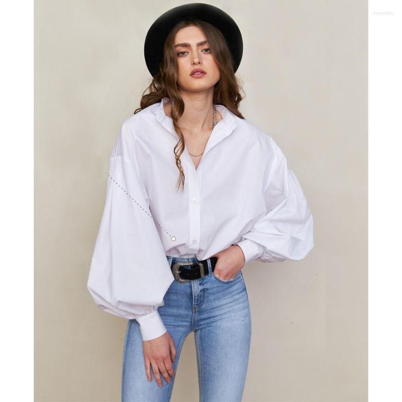 

Women' Blouses Gasparine Cotton Women Shirts Spring Summer Loose Lantern Sleeve Female Single-breasted Mid Length And Top, Sky blue