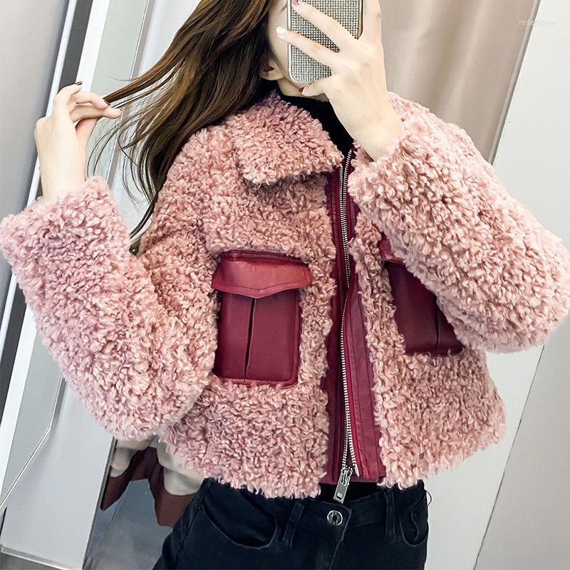 

Women' Jackets Winter Fall Women Pu Leather Patchwork Khaki Faux Lamb Fur Jacket Coat Korean Style Fashion Cool Short Coats