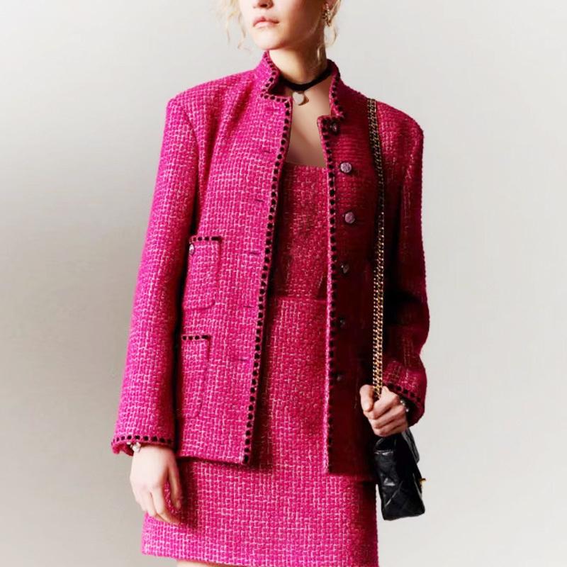 

Fur 22 Runway Autumn Tweed Rose Red Jacket Women Elegant Stand Collar Single Breasted Woolen Coat Fashion Black Trim Pocket Outwear