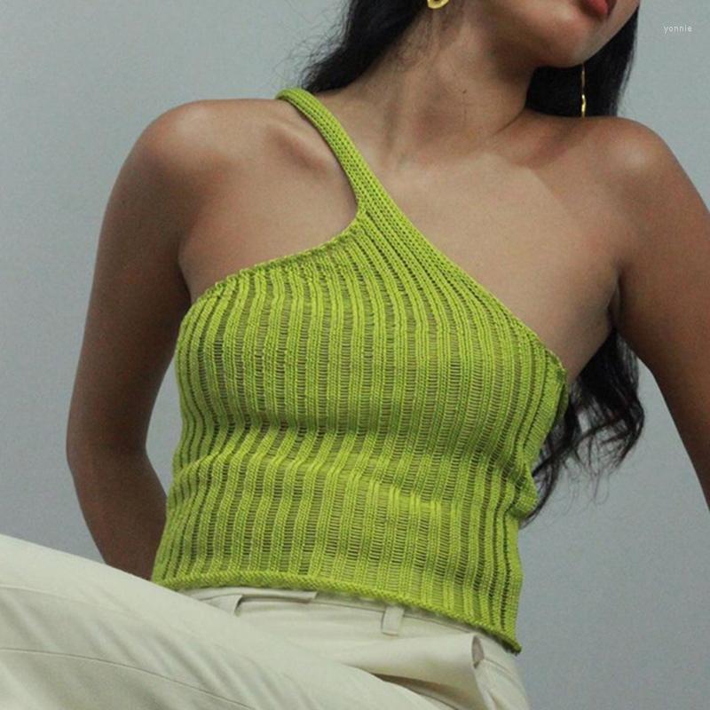 

Women's Tanks Female Skew Collar Knitted Asymmetry Fashion Summer Tank Top Sleeveless One Shoulder Straps Short Midriff Open Back Cropped, Yellow