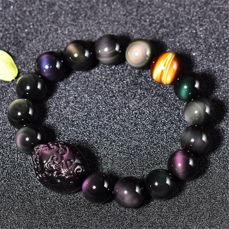 

Strand Natural Chinese Pixiu Obsidian Double Rainbow Eye Agate Stretch Bracelet US