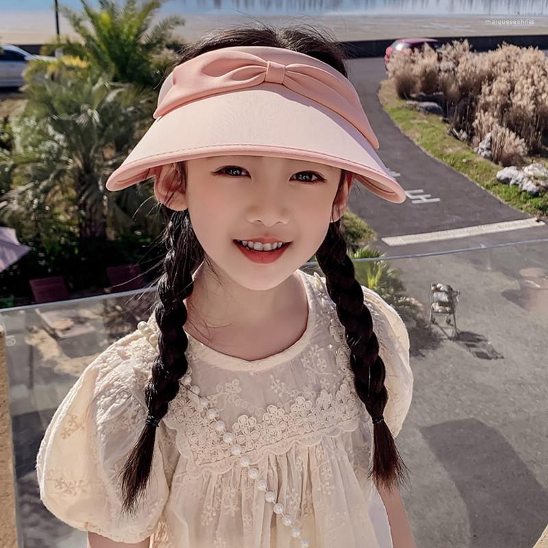 

Wide Brim Hats Summer Bowknot Sun Visor For Girl Women Empty Top Hat UV 50 Beach Travel Kids Sunhat Cute Cap Head Clasp Female, Beige