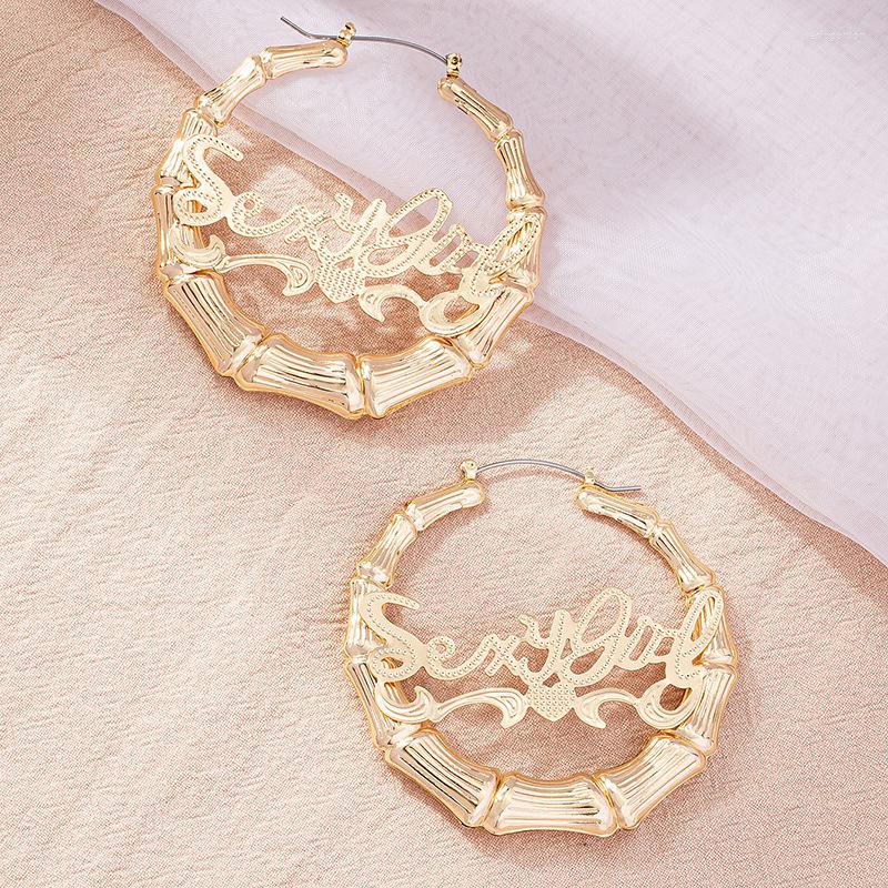 

Hoop Earrings Custom Bamboo Large Circle Earring Letter Stainless Steel Punk Personality Name Drop Hip-hop Sexy Girl