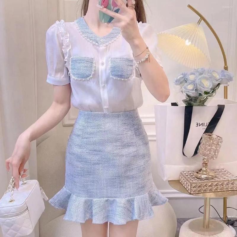 

Work Dresses Summer Women' Puff Sleeve Single Breasted Short Shirt Simple Fashion Fishtail Skirt Suiwo Pieces Sets Ladies, White