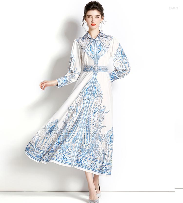 

Ethnic Clothing Eid White Print Shirt Dress For Women Vintage Lapel Single-breasted Swing Long Abaya Muslim Arabic Clothes