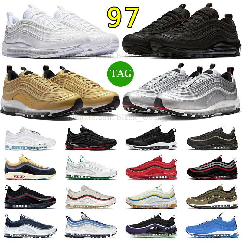 

97 97s OG Running Shoes Triple White Undefeated Black Slime Halloween Sliver Bullet MSCHF SATAN INRI Jesus Sean Withersopon 9 7 Sneakers Dhgates Coach Trainer, N65 40-46 green reflective